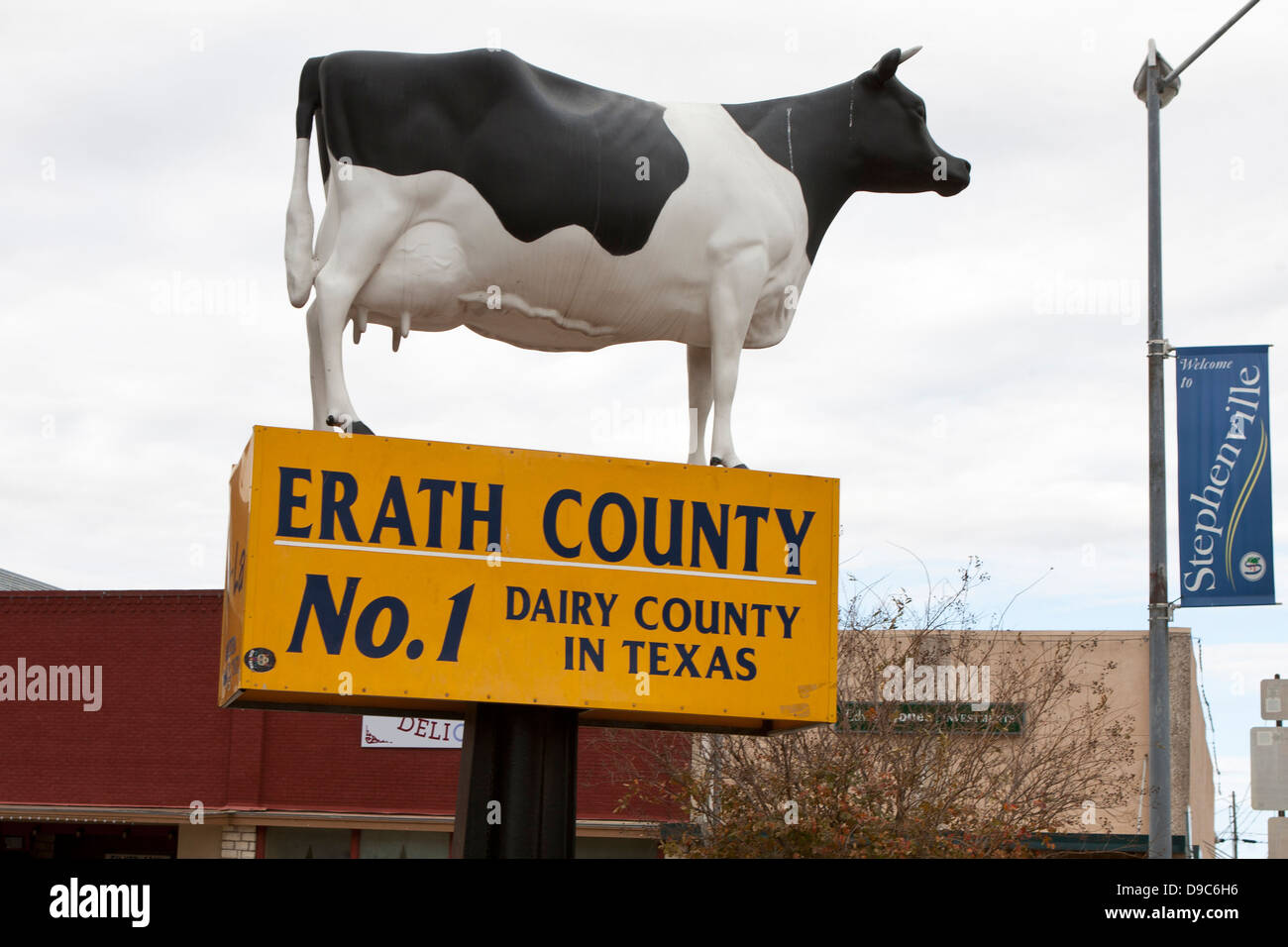 Cow on top of a sign designating Erath County as the top dairy producing county in Texas, Stephenville, Texas, United States of Stock Photo