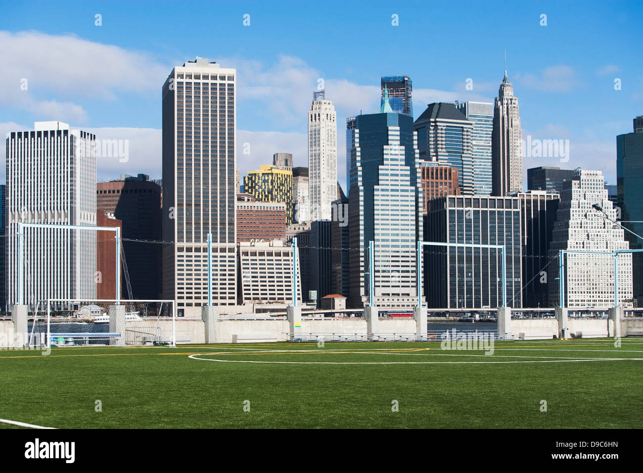 Soccer fields and Lower Manhattan skyline, New York City, USA Stock