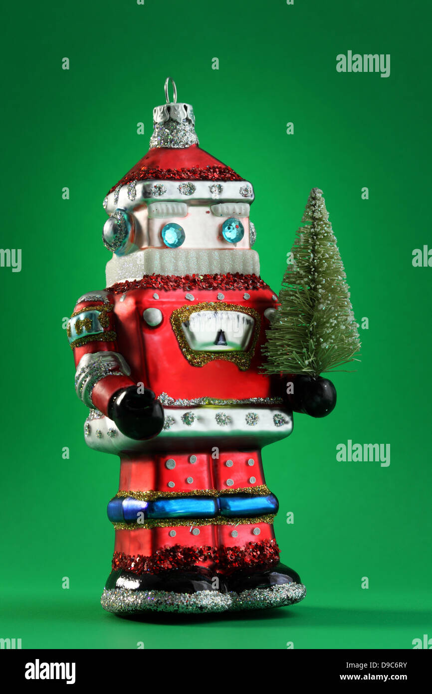 Futuristic robot with santa hat decorating a 3d holographic christmas tree  in a factory on Craiyon
