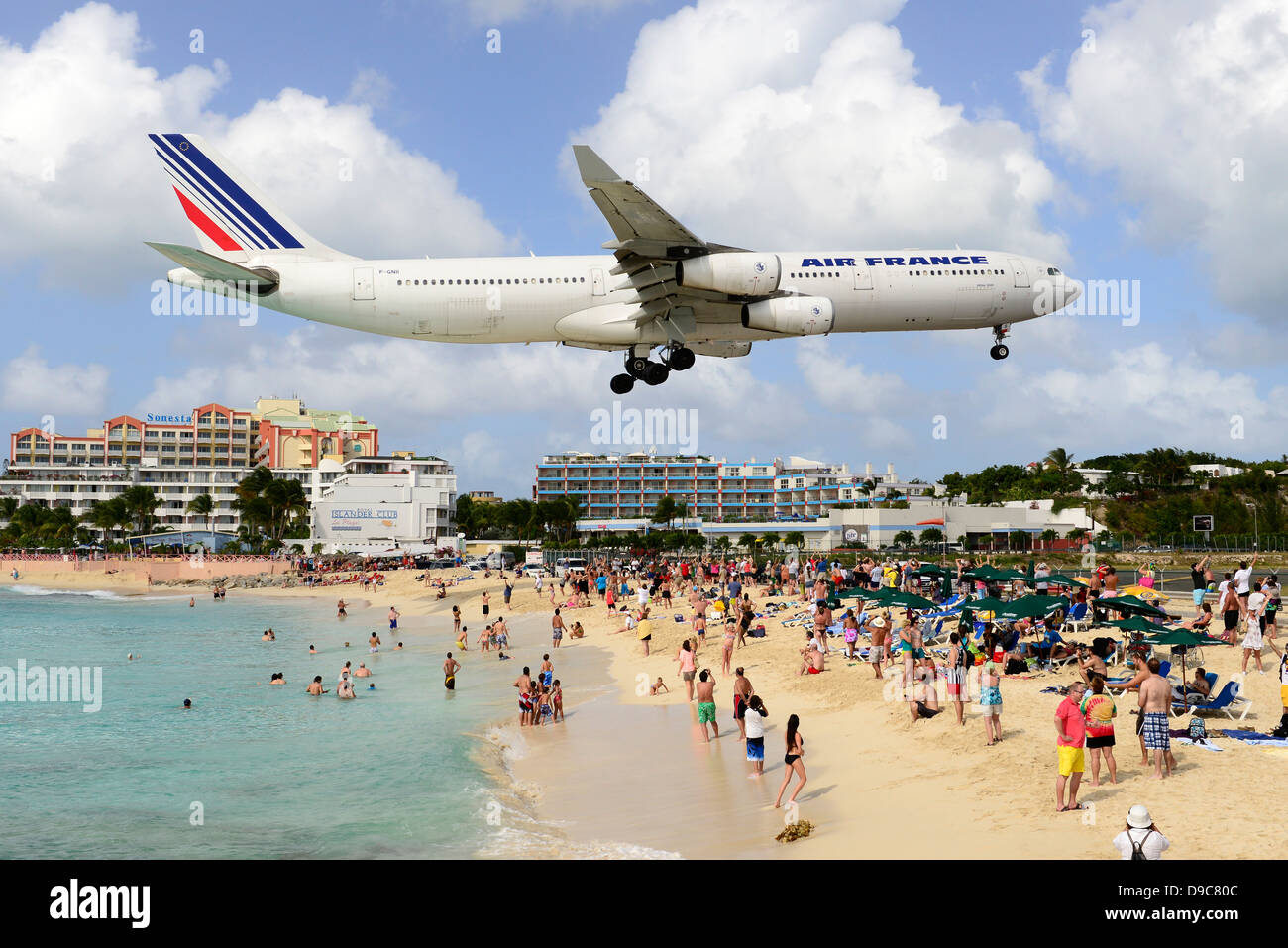 Maho Beach Airplane landing St. Martin Maarten Caribbean Island Netherland Antilles Stock Photo