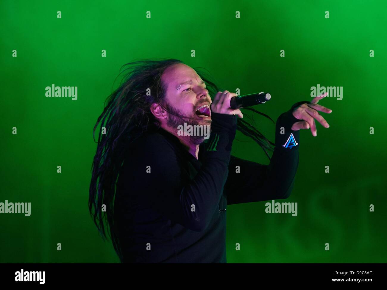 The singer of the US-band Korn, Jonathan Davis, performs on stage during the 'Rock am Ring' festival in Nuerburg, Germany, 7 June 2013. Photo: Thomas Frey Stock Photo