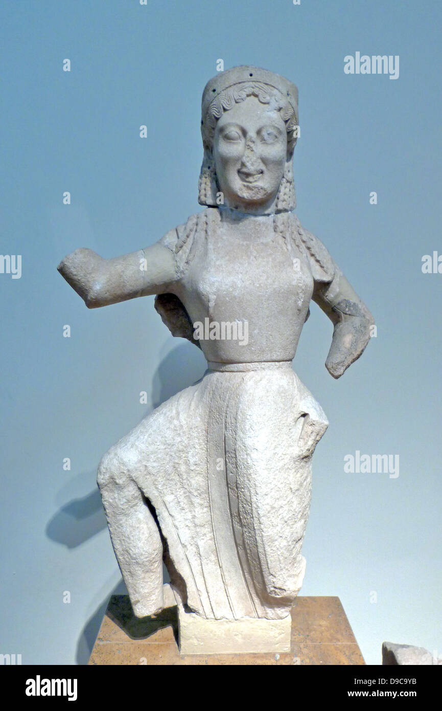 Statue of a Nike. Parian marble, found in Delos. The earliest known stone  free-standing statue