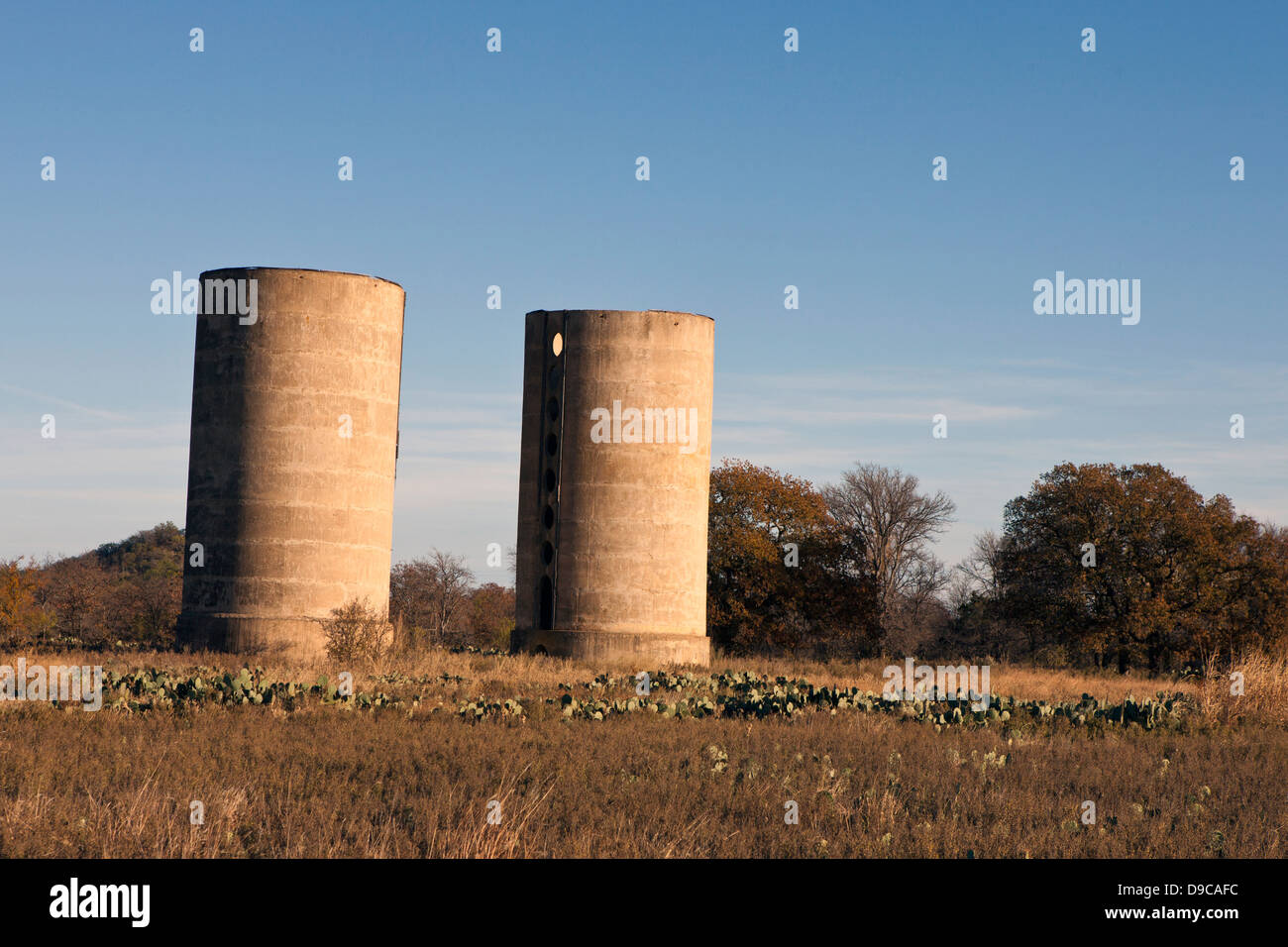 Twin concrete silos for the Thurber Dairy, Thurber, Texas, United States of America Stock Photo
