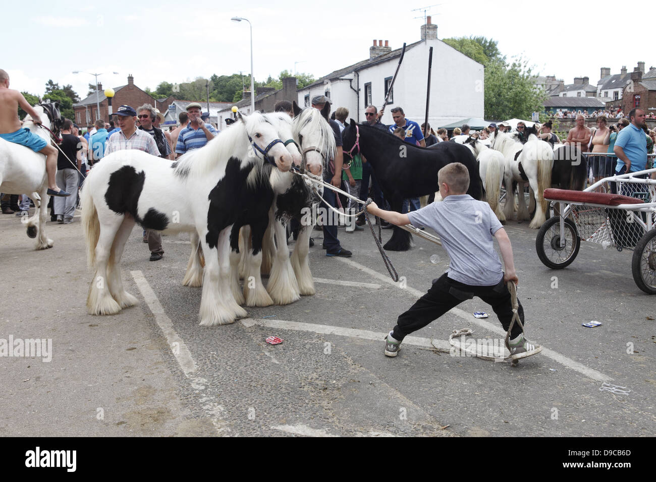 A gypsy lad tries to move his horses and ponies in the centre of town at Appleby Horse Fair, in Cumbria, England Stock Photo