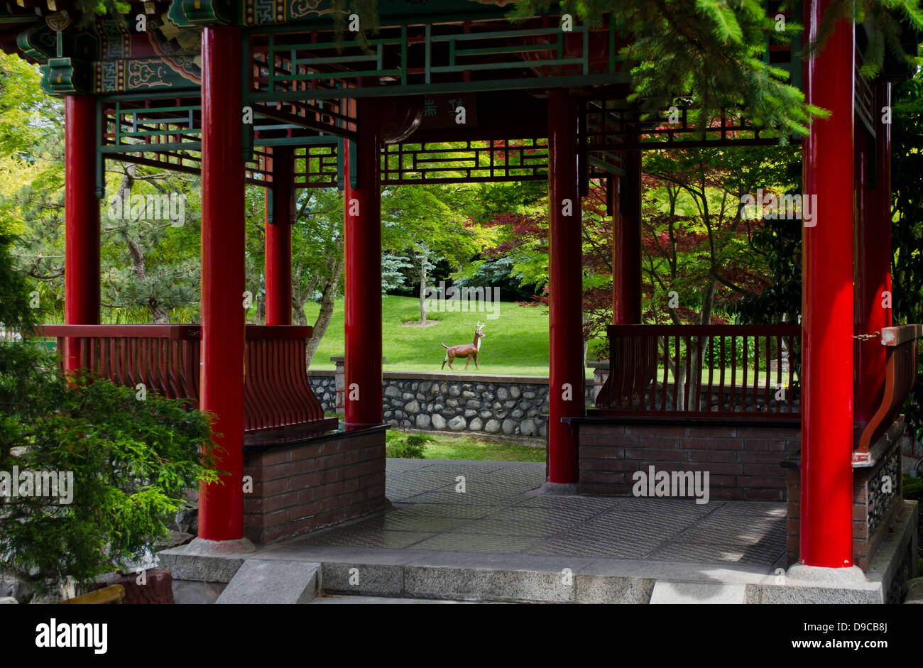 Looking through the gazebo at the International Buddhist Temple in