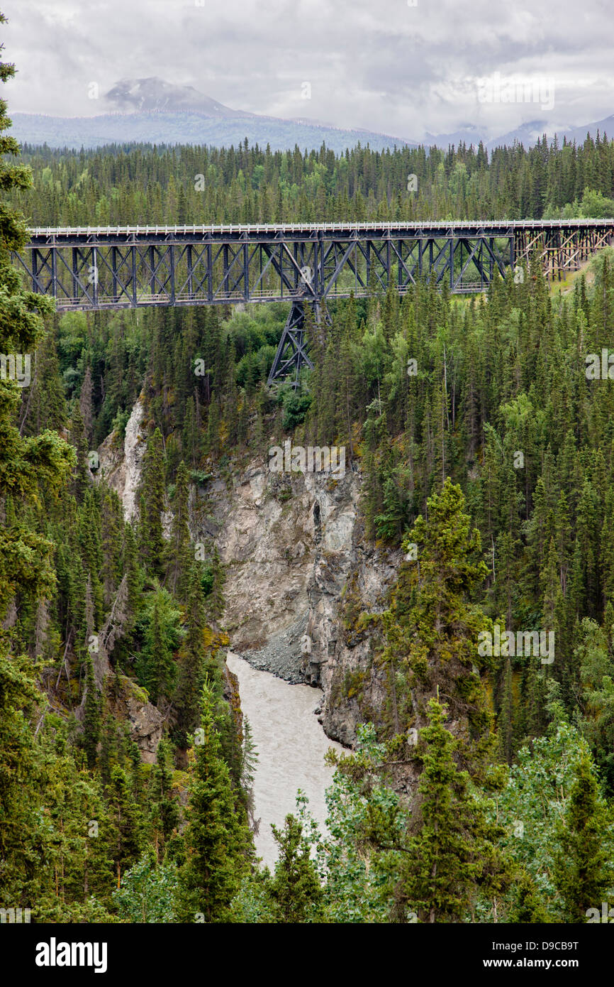 Kuskulana Bridge, c1910, built by Copper River & Northwest Railroad to access the Kennecott mines, McCarthy, Alaska, USA Stock Photo