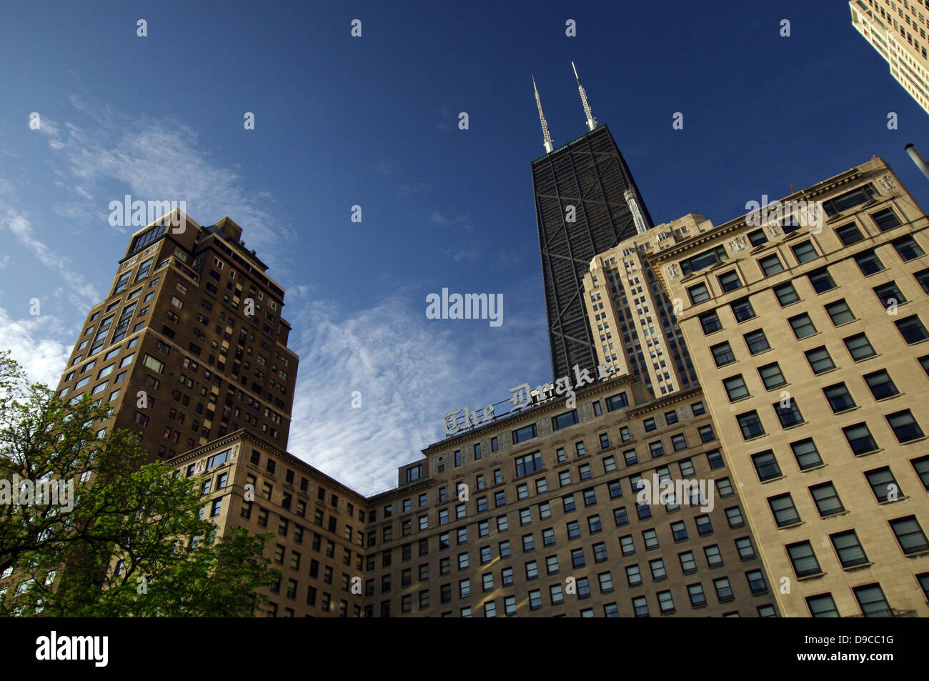 The Drake Hotel with John Hancock Center in the background - Chicago, USA Stock Photo