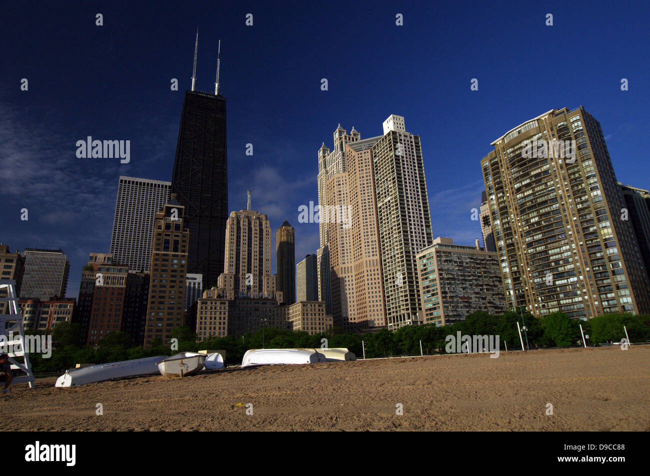 Oak Street Beach with John Hancock Center in the background - Chicago, USA Stock Photo