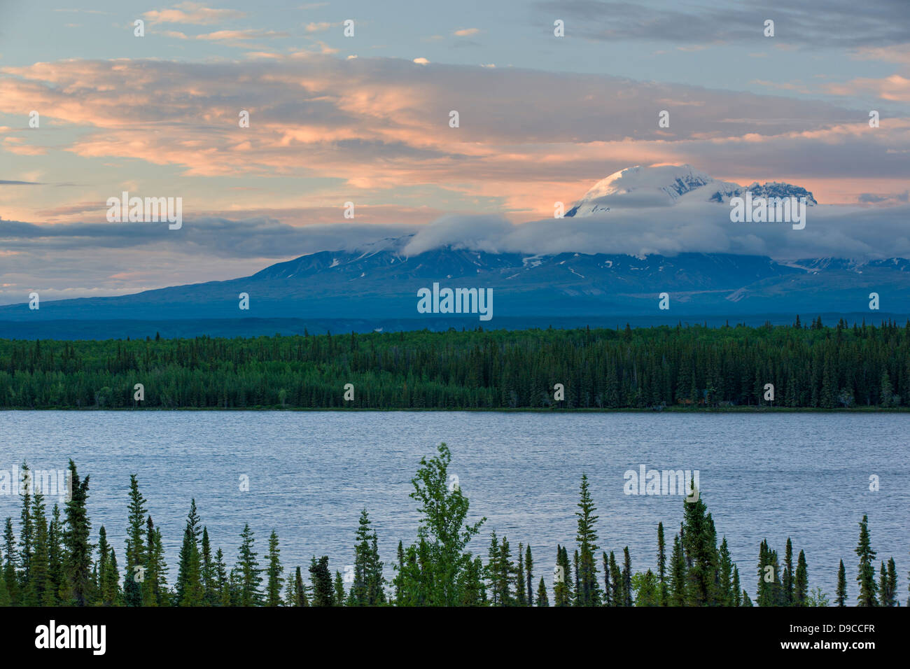 Sunset view of Willow Lake, Wrangell Mountains, Mt. Wrangell 14,163', and Wrangell Saint Elias National Park, Alaska, USA Stock Photo