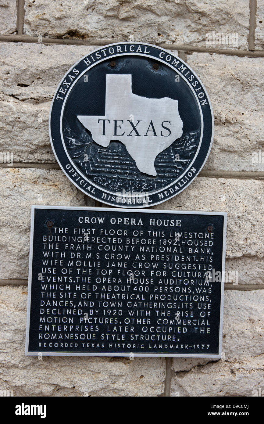 CROW OPERA HOUSE The first floor of this limestone building, erected before 1892, housed the Erath County National Bank, with Dr. M. S. Crow as president. His wife Mollie Jane Crow suggested use of the top floor for cultural events. The opera house auditorium, which held about 400 persons, was the site of theatrical productions, dances, and town gatherings. Its use declined by 1920 with the rise of motion pictures. Other commercial enterprises later occupied the Romanesque style structure. Recorded Texas Historic Landmark - 1977 Stock Photo