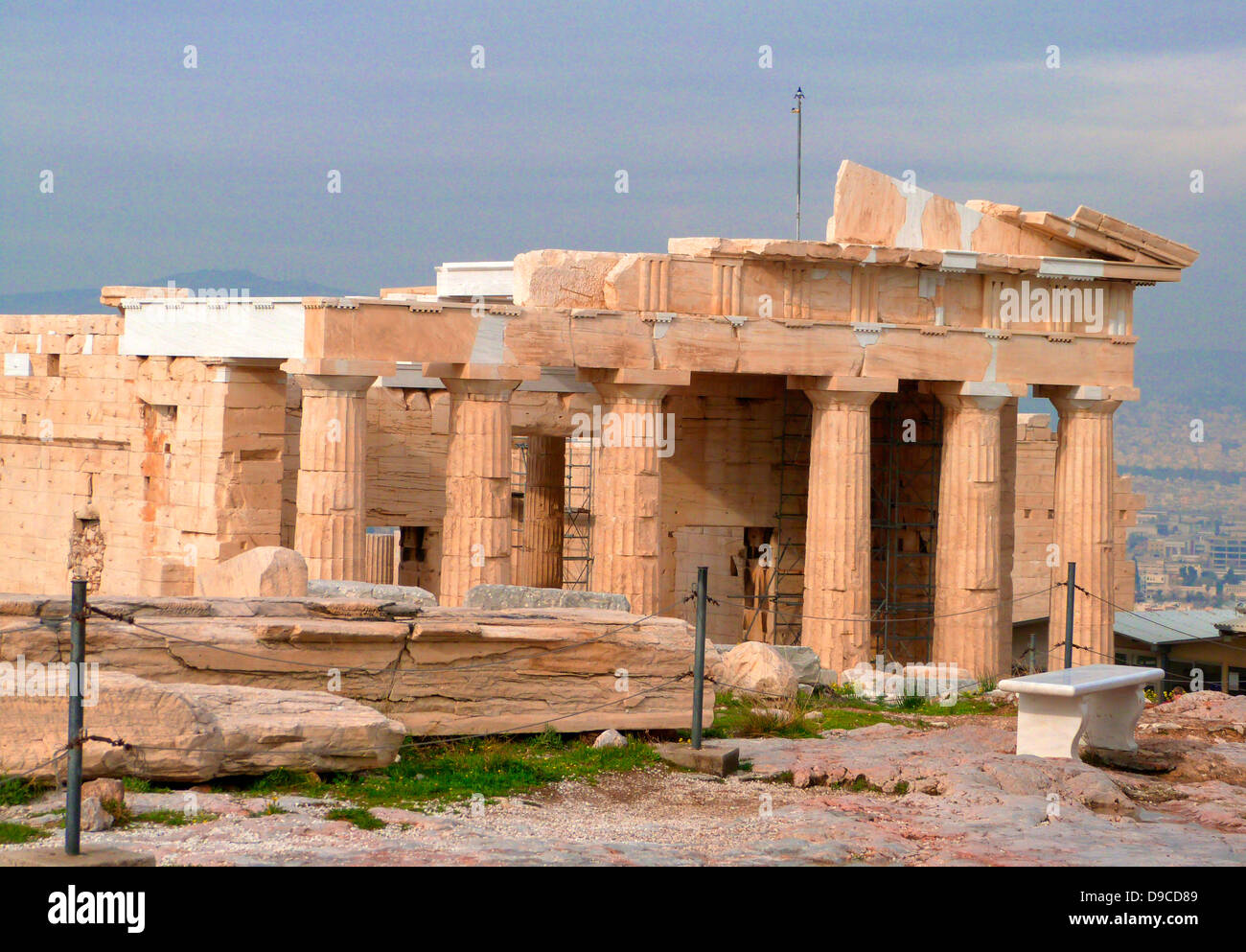 The monumental gateway to the Acropolis, the Propylaea was built under the general direction of the Athenian leader Pericles, but Phidias was given the responsibility for planning the rebuilding the Acropolis as a whole at the conclusion of the Persian Wars. According to Plutarch, the Propylaea was designed by the architect Mnesicles. Construction began in 437 BCE and was terminated in 432, when the building was still unfinished. Stock Photo