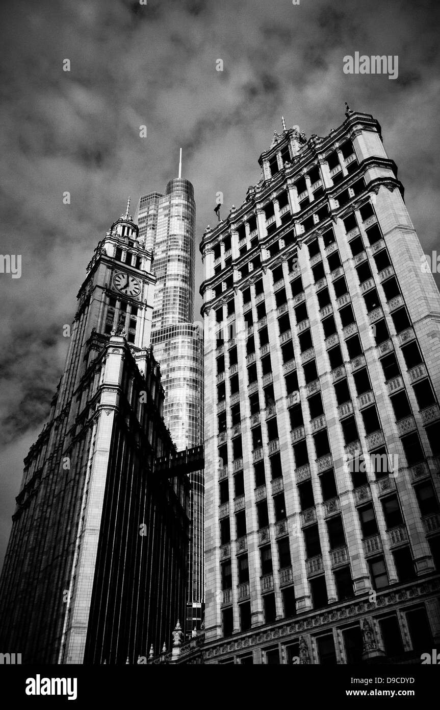 Wrigley Building with the Trump Tower in the background - Chicago, USA Stock Photo