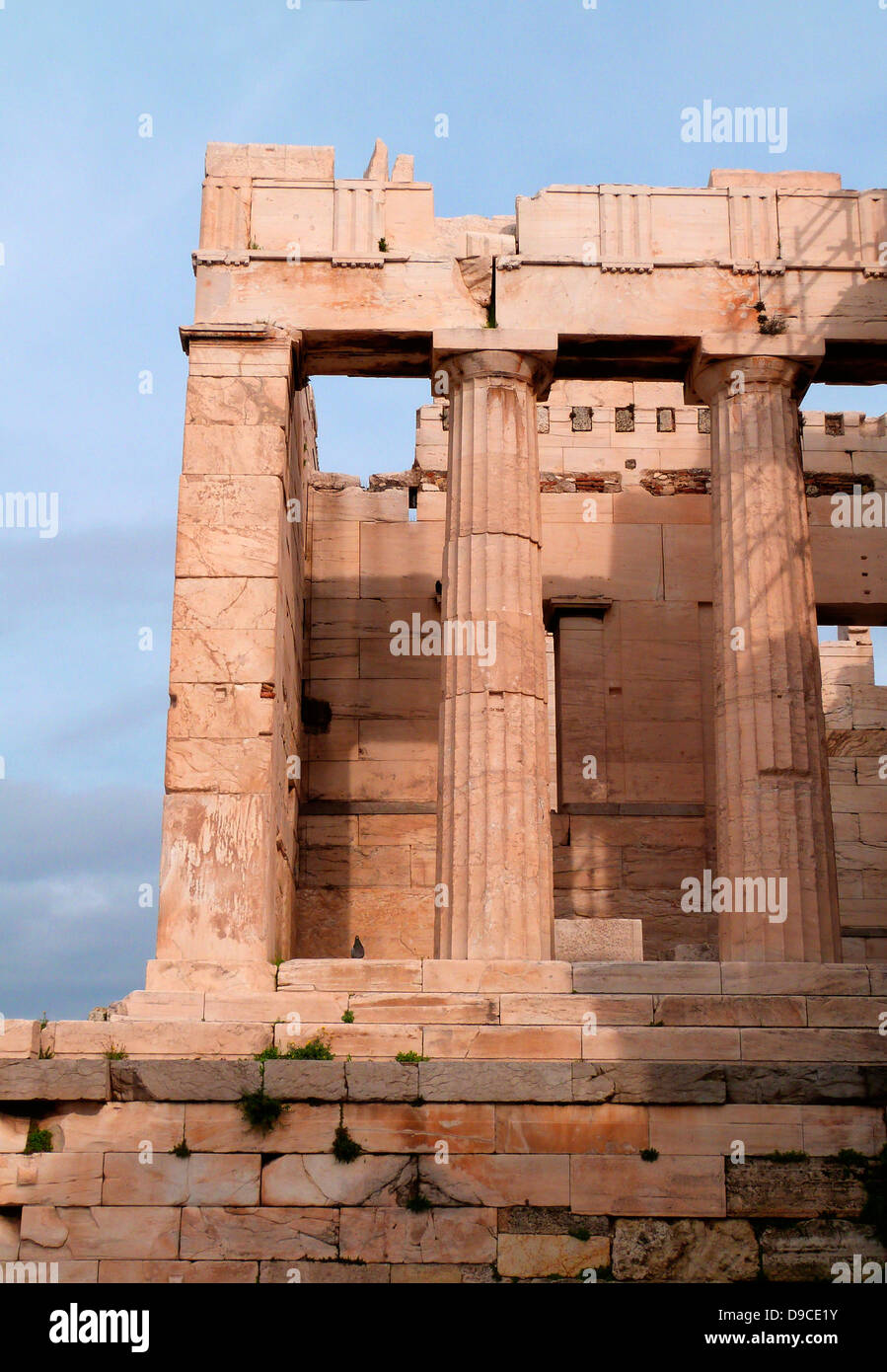 The monumental gateway to the Acropolis, the Propylaea was built under the general direction of the Athenian leader Pericles, but Phidias was given the responsibility for planning the rebuilding the Acropolis as a whole at the conclusion of the Persian Wars. According to Plutarch, the Propylaea was designed by the architect Mnesicles. Construction began in 437 BCE and was terminated in 432, when the building was still unfinished. Stock Photo