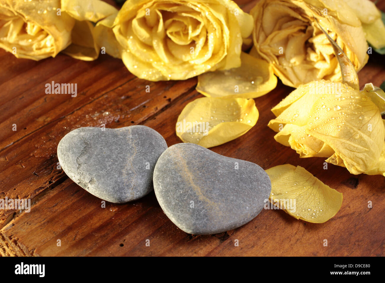 Stone hearts with yellow roses on wooden desk Stock Photo