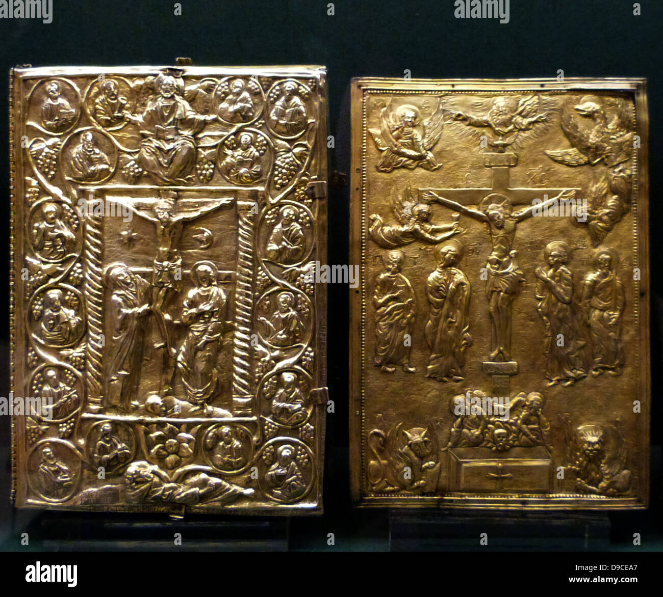 Cover of a gospel book with a representation of the Crucifixion. A work showing influences of central European prototypes, likely to have been made in Wallachia or Transylvania by Goldsmith Nicholaos Vranianit, 1548. Stock Photo