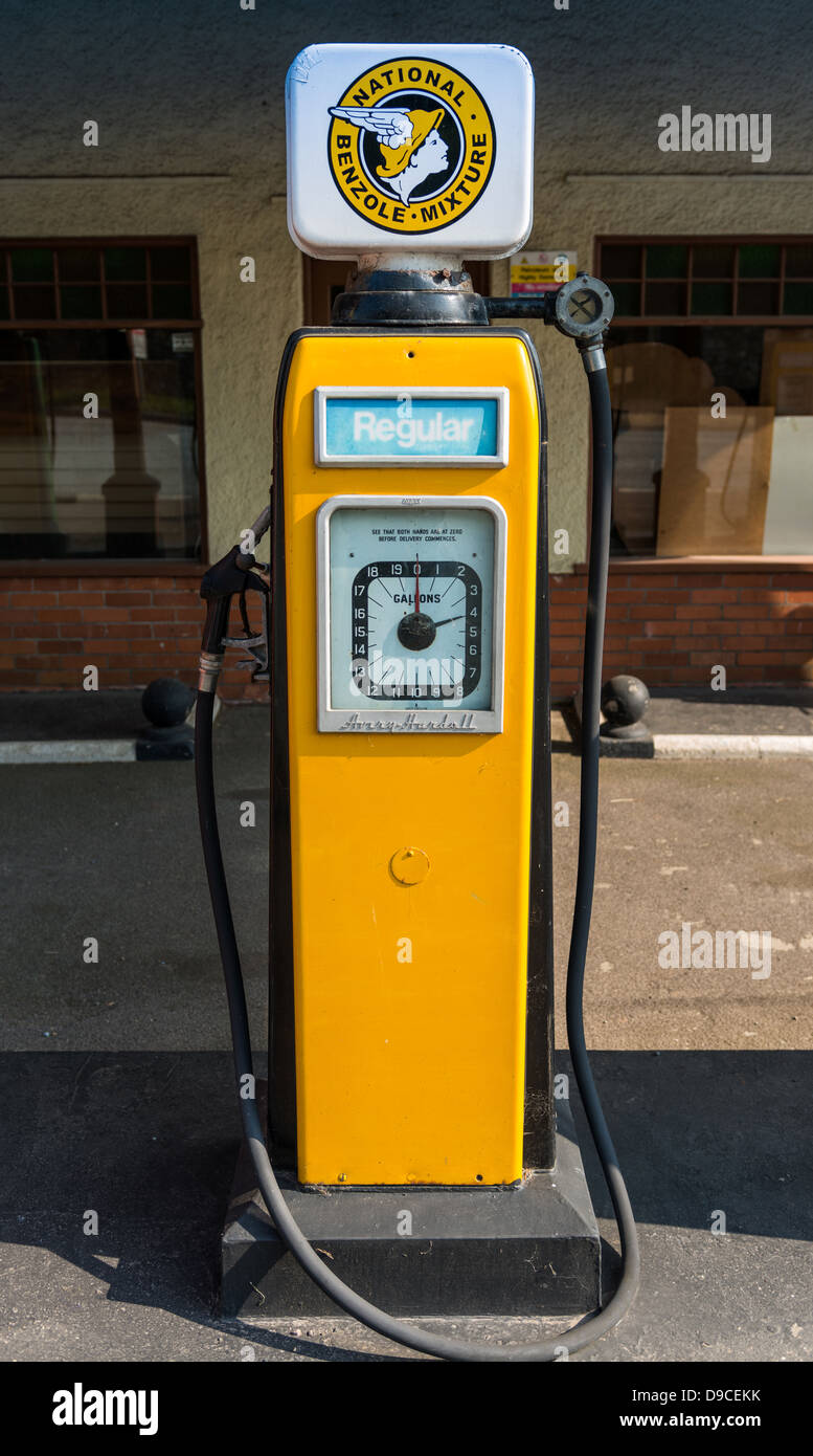 June 6th 2013. Devon, England.  Old, vintage petrol pumps, gas pumps, at a garage, gas station, in Devon, England. Stock Photo