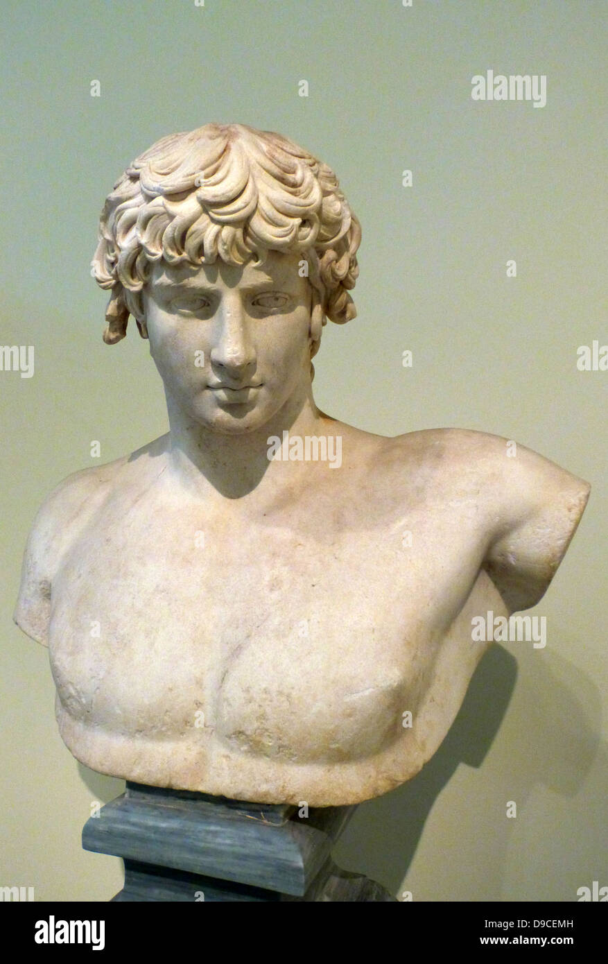 Portrait bust of Antinous. Thasian marble. Found at Patras. The youth ...