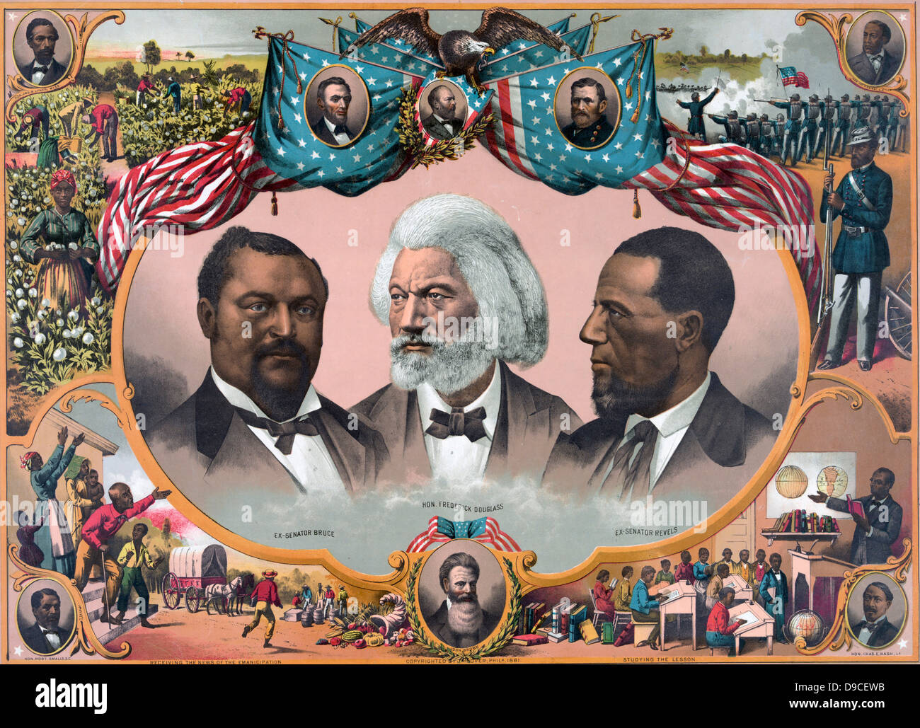 Heroes of the coloured race' Head-and-shoulders portraits of Blanche Kelso Bruce, Frederick Douglass, and Hiram Rhoades Revels, surrounded by scenes of African American life and portraits of J. R. Lynch, Abraham Lincoln, James A. Garfield, Ulysses S. Grant, Joseph H. Rainey, Charles E. Nash, John Brown, and Robert Smalls. chromolithograph. 1881 Stock Photo