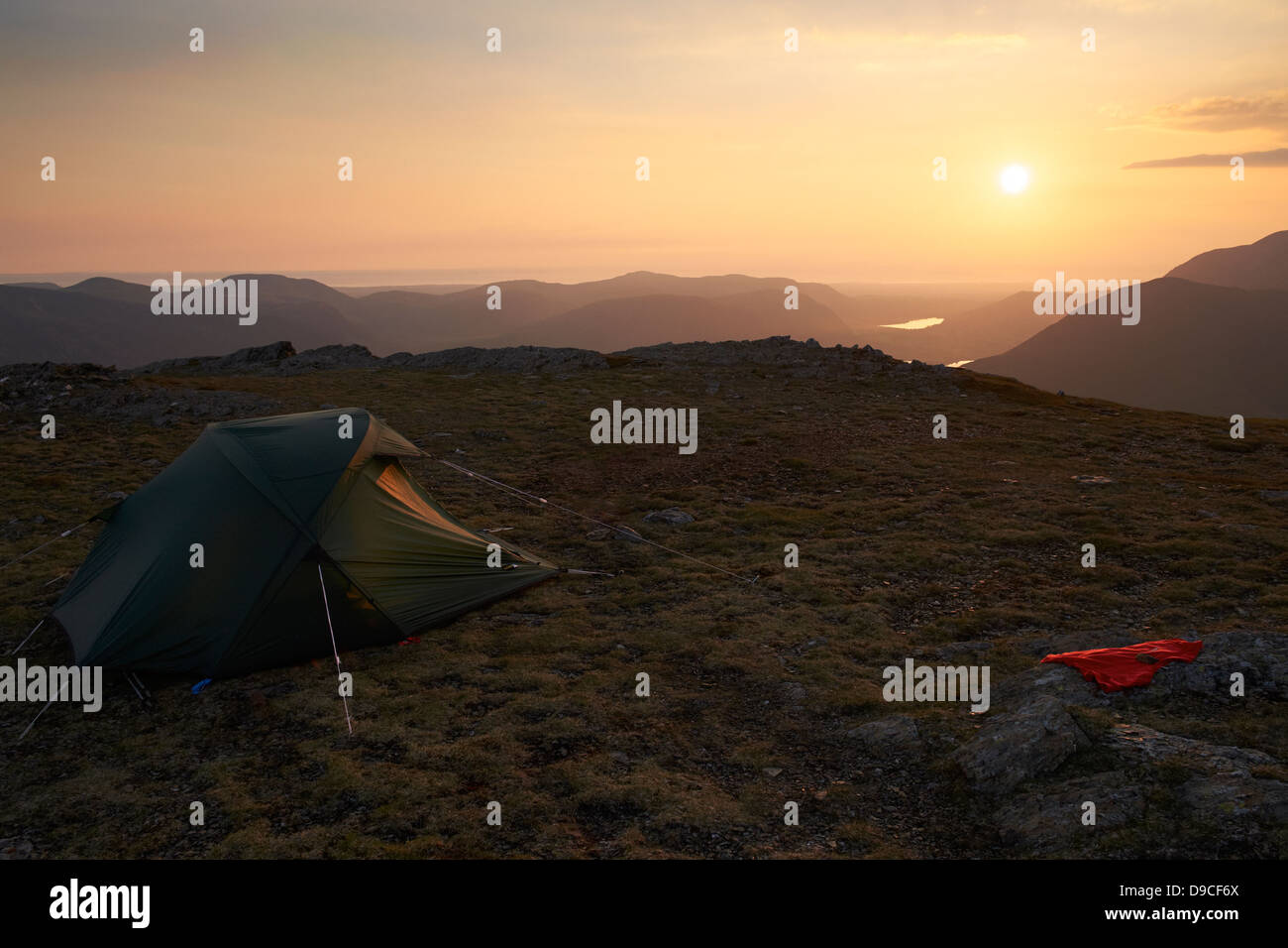 Wild camping on the summit of Robinson, Buttermere in the Lake District. Stock Photo
