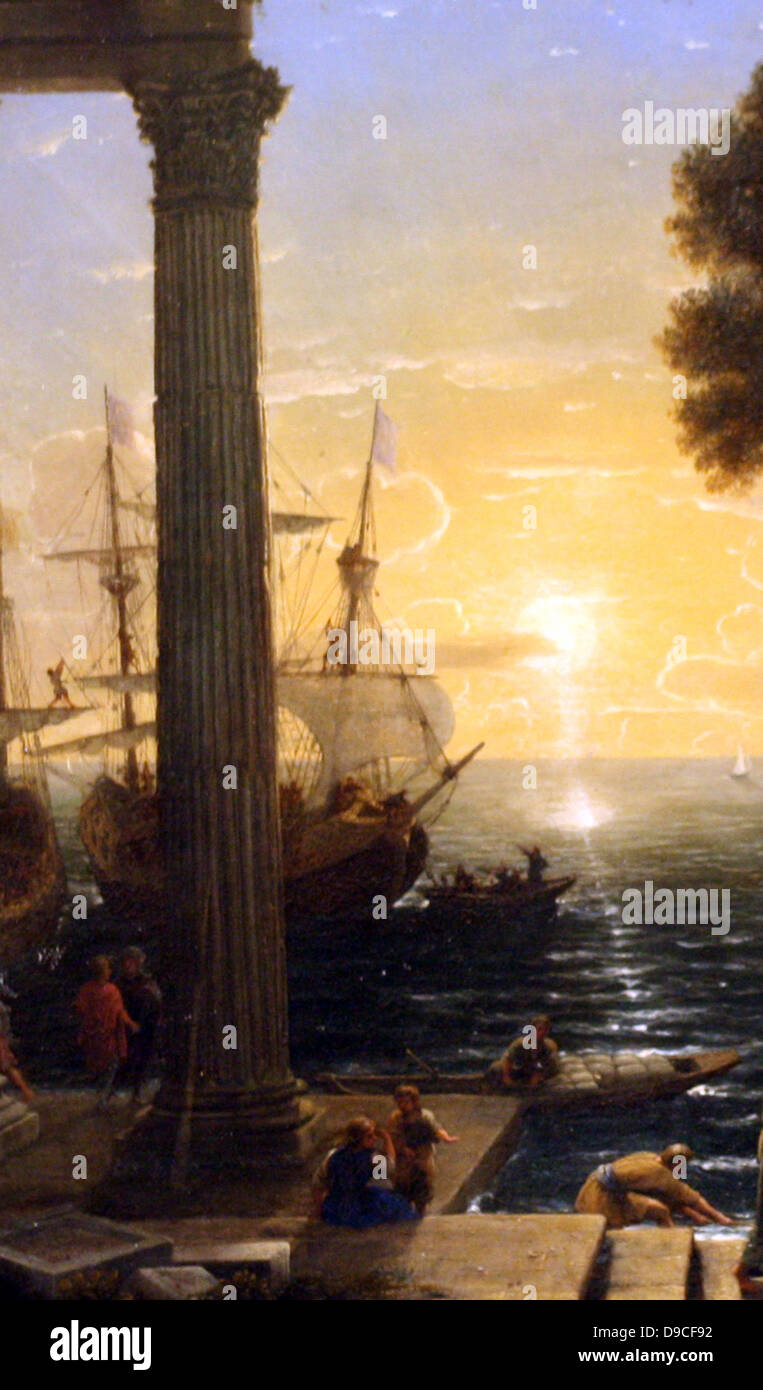 Claude Lorrain(1600-1682) French artist. 'The Embarkation of St Paul', 1655. (detail) Oil on silver plated copper. St Paul is about to board a boat for Rome where he faces trial and execution. The ruined pagan temple stands as a testimony to the power of Christianity. Stock Photo