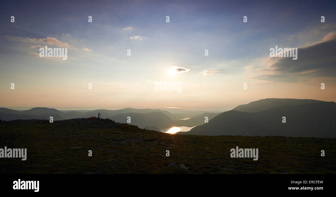 Sunset over Buttermere and Crummock Water from the summit of Robinson in the Lake District. Stock Photo