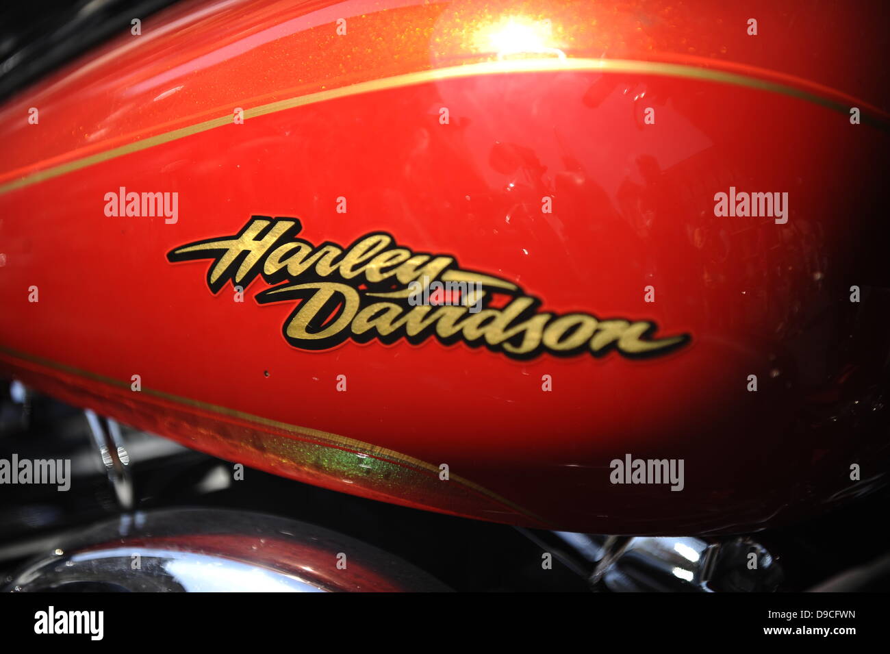 Close up of the maker's marque on a Harley Davidson motorcycle. Harley