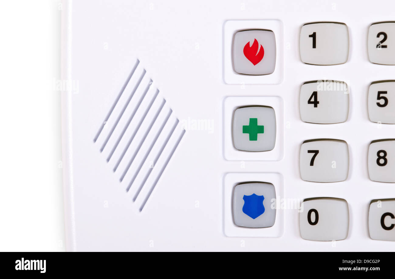 Closeup of home security alarm keypad with fire, police, and medical emergency buttons Stock Photo