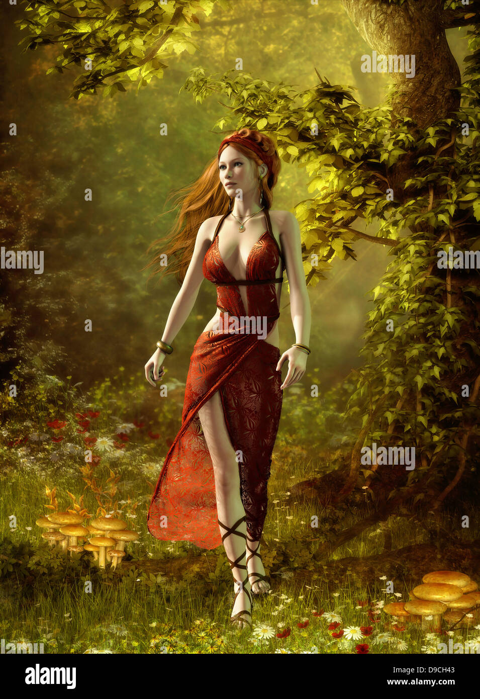 3D computer graphics of a lady in a Roman gown, which walks through the forest Stock Photo