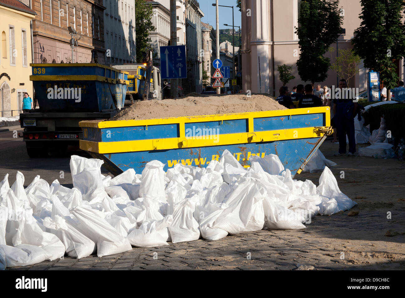 A skip of sand and sandbags ready to protect buildings from the flooding River Danube, Budapest, Hungary Stock Photo