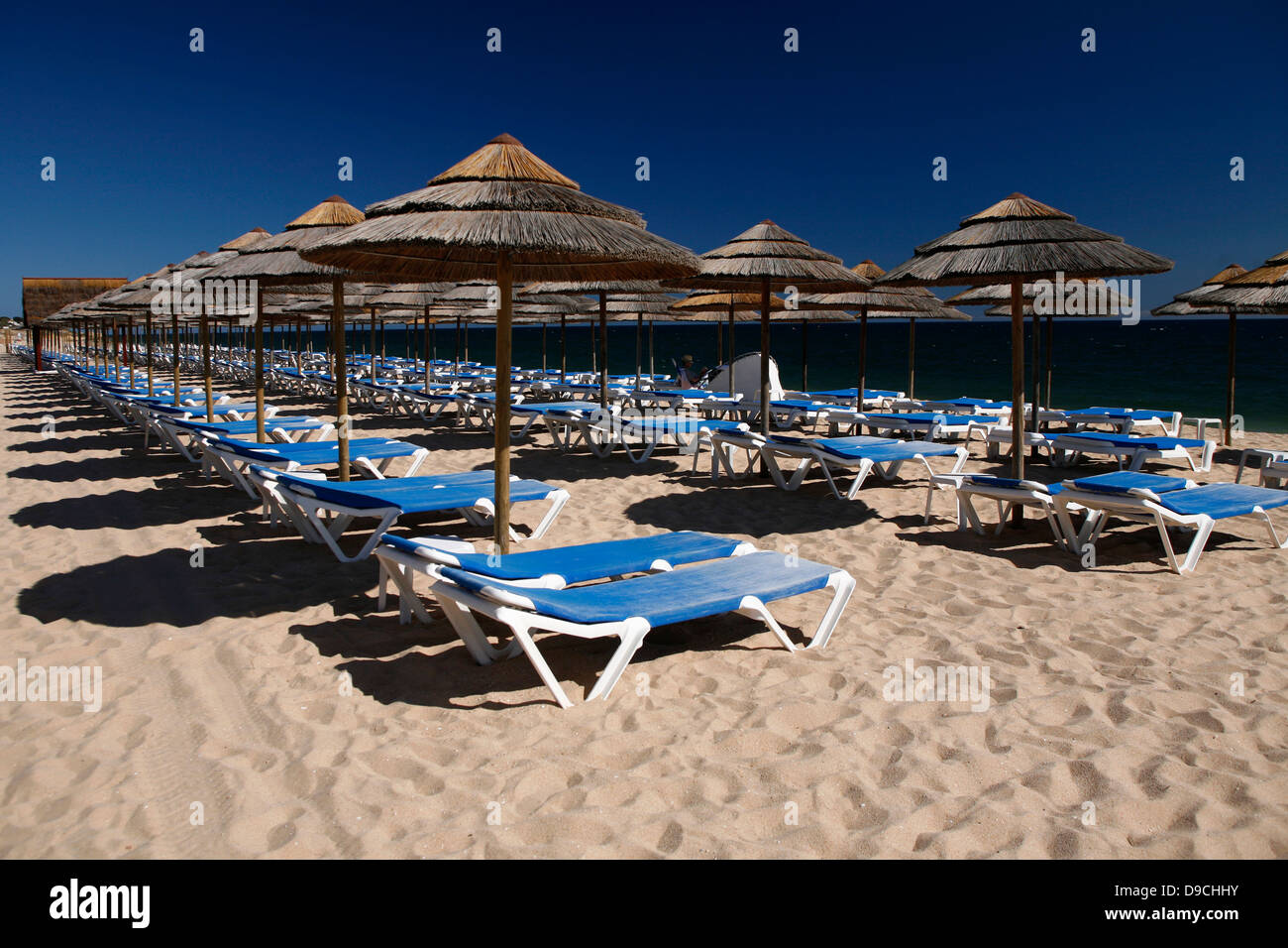 Sunbeds and parasols on a sandy beach in the Algarve Stock Photo Alamy