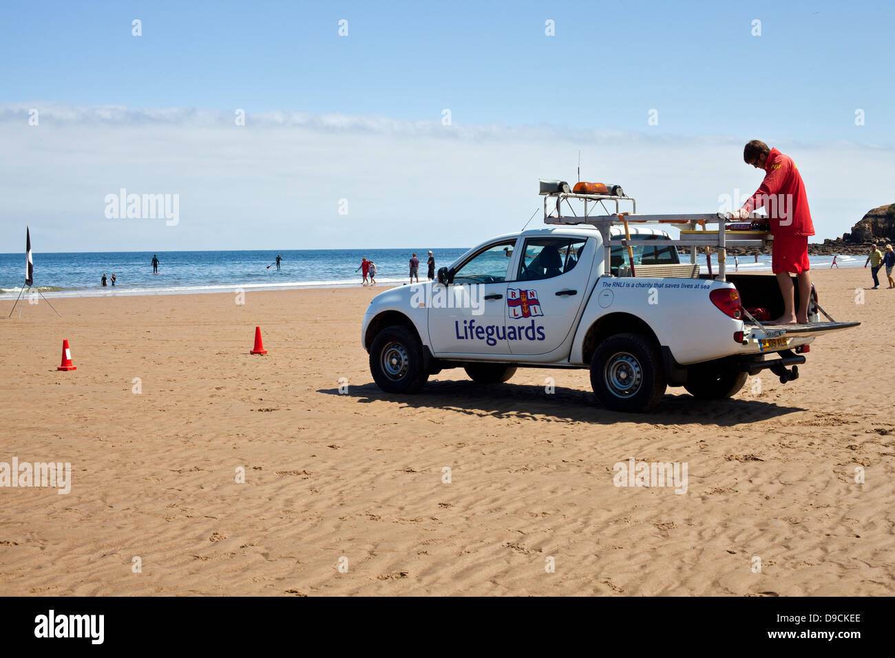 Life guard on the Tynemouth Beach looking out a the North Sea Stock Photo