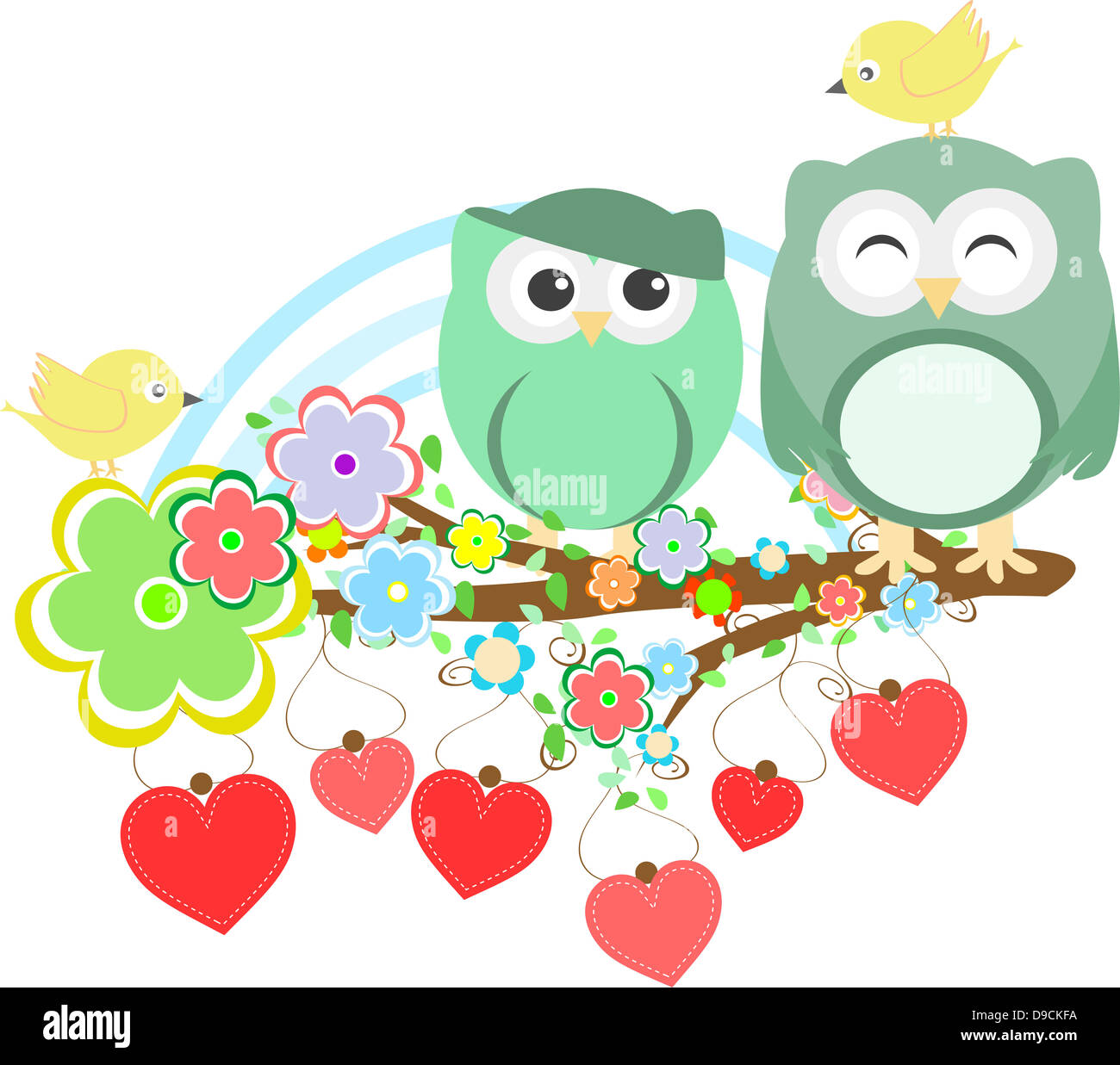 Two cute owls and bird on the flower tree branch Stock Photo - Alamy