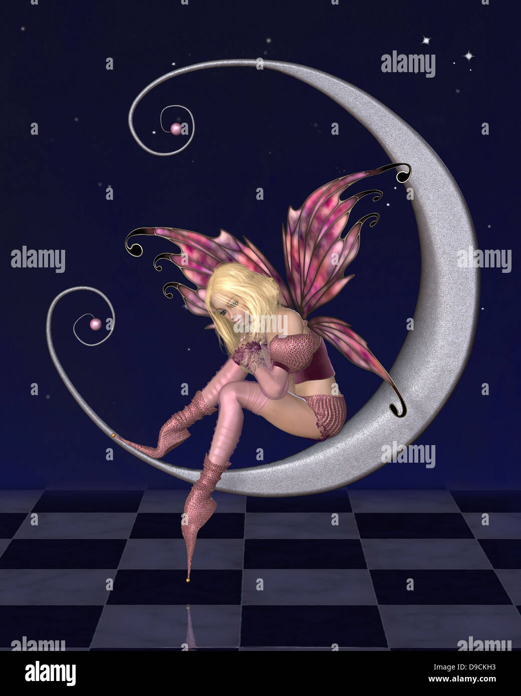 Pretty Pink Moon Fairy with Starry Nighttime Background Stock Photo