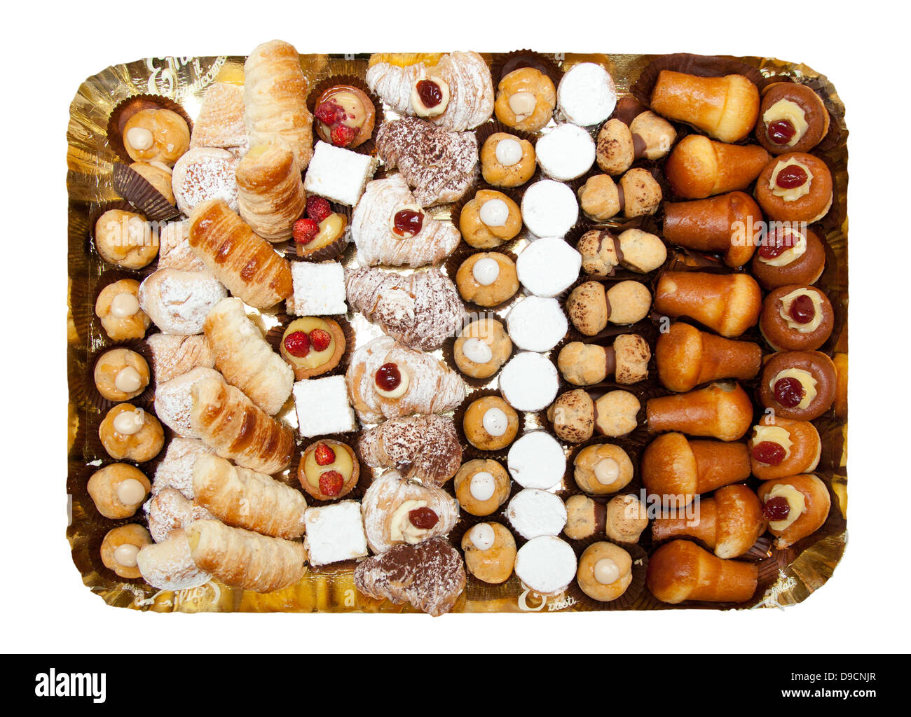 Tray of mixed patisserie on white background Stock Photo