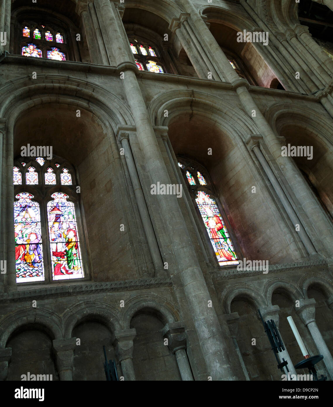 Detailed stained glass windows at Peterborough Cathedral, England Stock