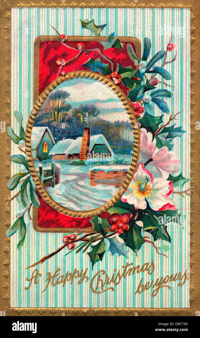 A Happy Christmas be Yours - Vintage Card with winter scene and flowers Stock Photo