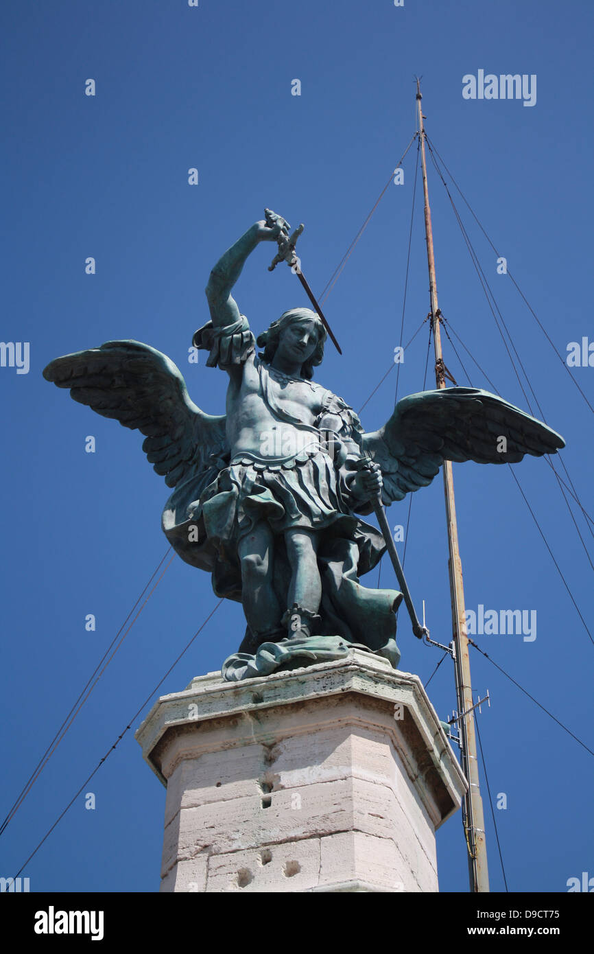 The bronze statue of Archangel Michael, standing on top of the castle of St Angelo, Rome, modelled in 1753 by Peter Anton von Verschaffelt (1710û1793).  The Mausoleum of Hadrian, usually known as the Castel St Angelo, Rome, Italy. Stock Photo