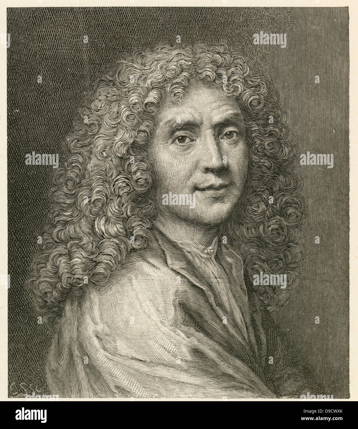 Jean-Baptiste Poquelin (1622-1673), known by his stage name Moliere, French playwright and actor.  He was one of the great masters of comedy. Engraving. Stock Photo