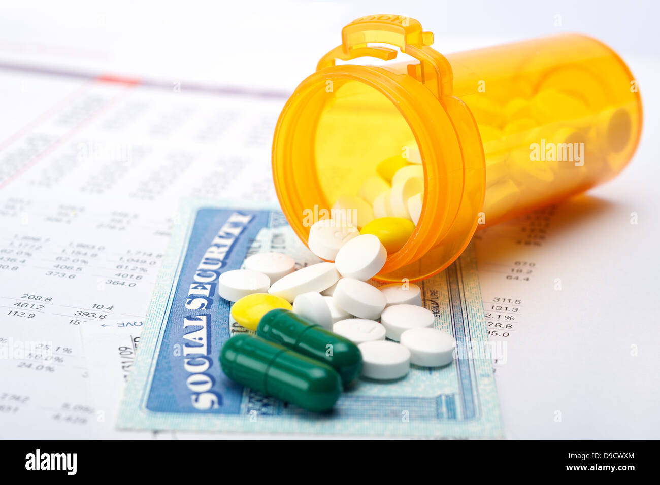Pills and social security on account paper Stock Photo
