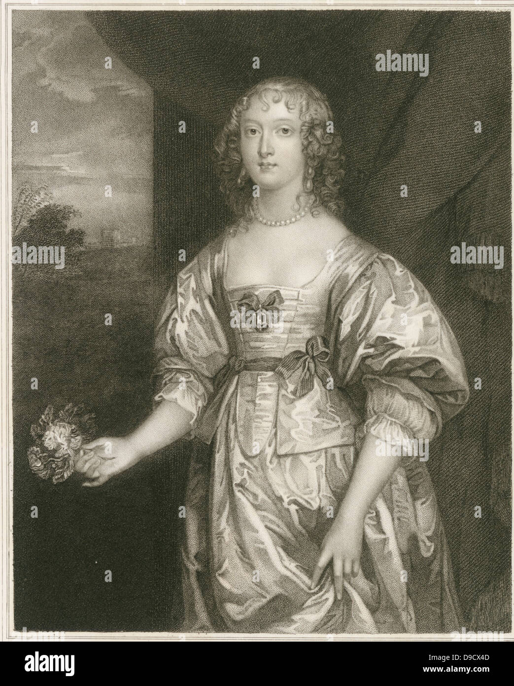 Elizabeth Cecil,  Countess of Devonshir (c1619-1689) shown holding a posy. Daughter of William Cecil 2nd Earl of Salisbury. She married William Cavendish 3rd Earl of Devonshire in 1639. Engraving. Stock Photo