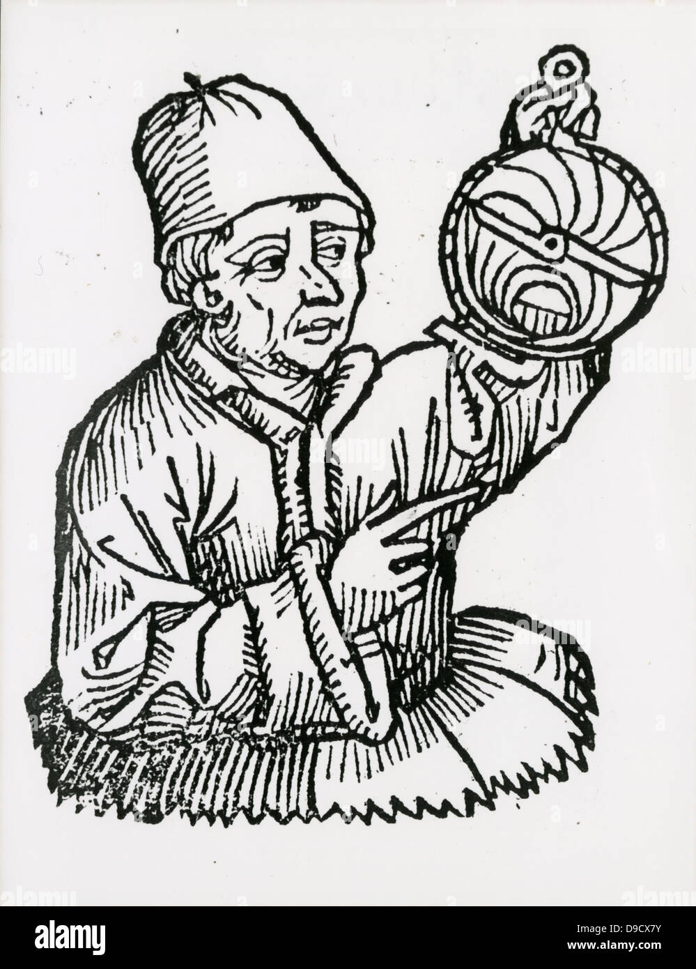 Johannes Muller von Konigsberg (1436-1476) best known today as Regiomontanus, German mathematician, astronomer, and translator, shown holding an astrolabe. Woodcut, 1493. Stock Photo