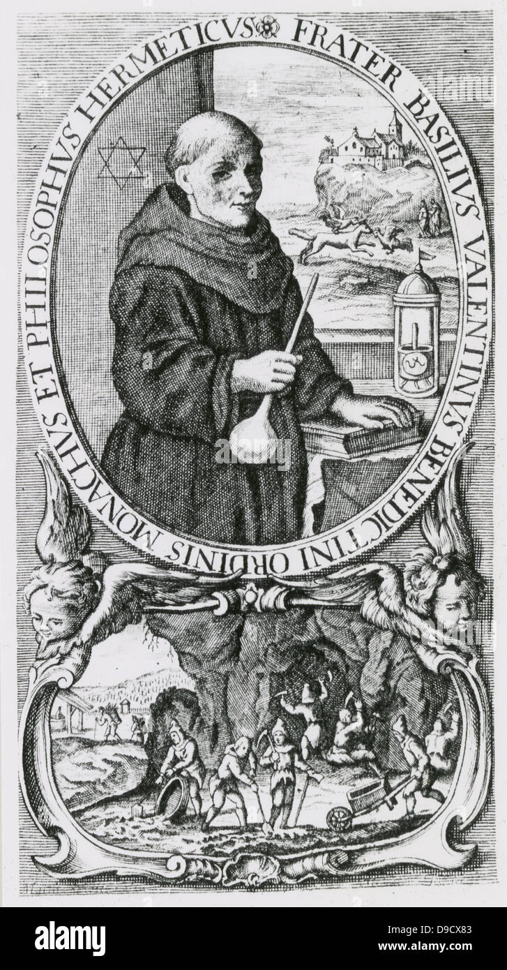 Basil Valentine or Basilius Valentinus (active 1470), legendary German monk and alchemist. An exponent of the tria prima, the three alchemical principles of Sulphur, Mercury and Salt.  Engraving c1760. Valentine with terrestrial and subterranean aspects of alchemy. Stock Photo