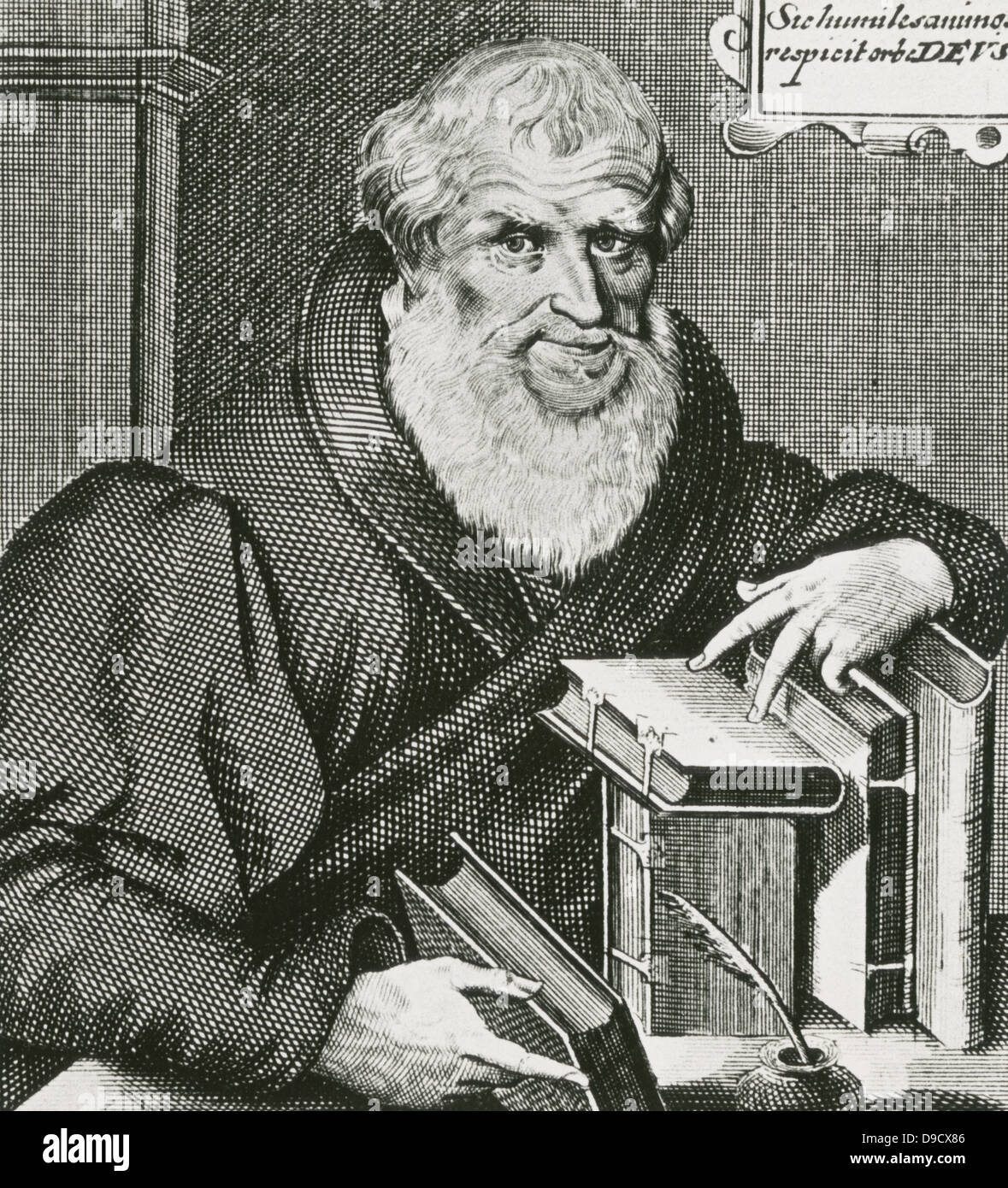 Hans Sachs (1494-1576) German poet and dramatist and composer and shoemaker. The central figure in the opera Die Meisteersinger von Nurnberg, 1886, by Richard Wagner. 18th century engraving. Stock Photo