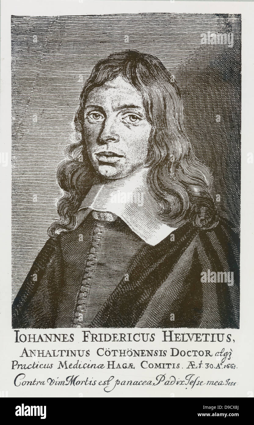 Johann Friedrich Schweitzer or Johnnnes Fridericus Helvetius (1625-1709) Dutch physician and alchemist. In his book Vitulus Aureus (The Gold Calf) 1667, he gave an account of transmutation of lead into gold. Stock Photo