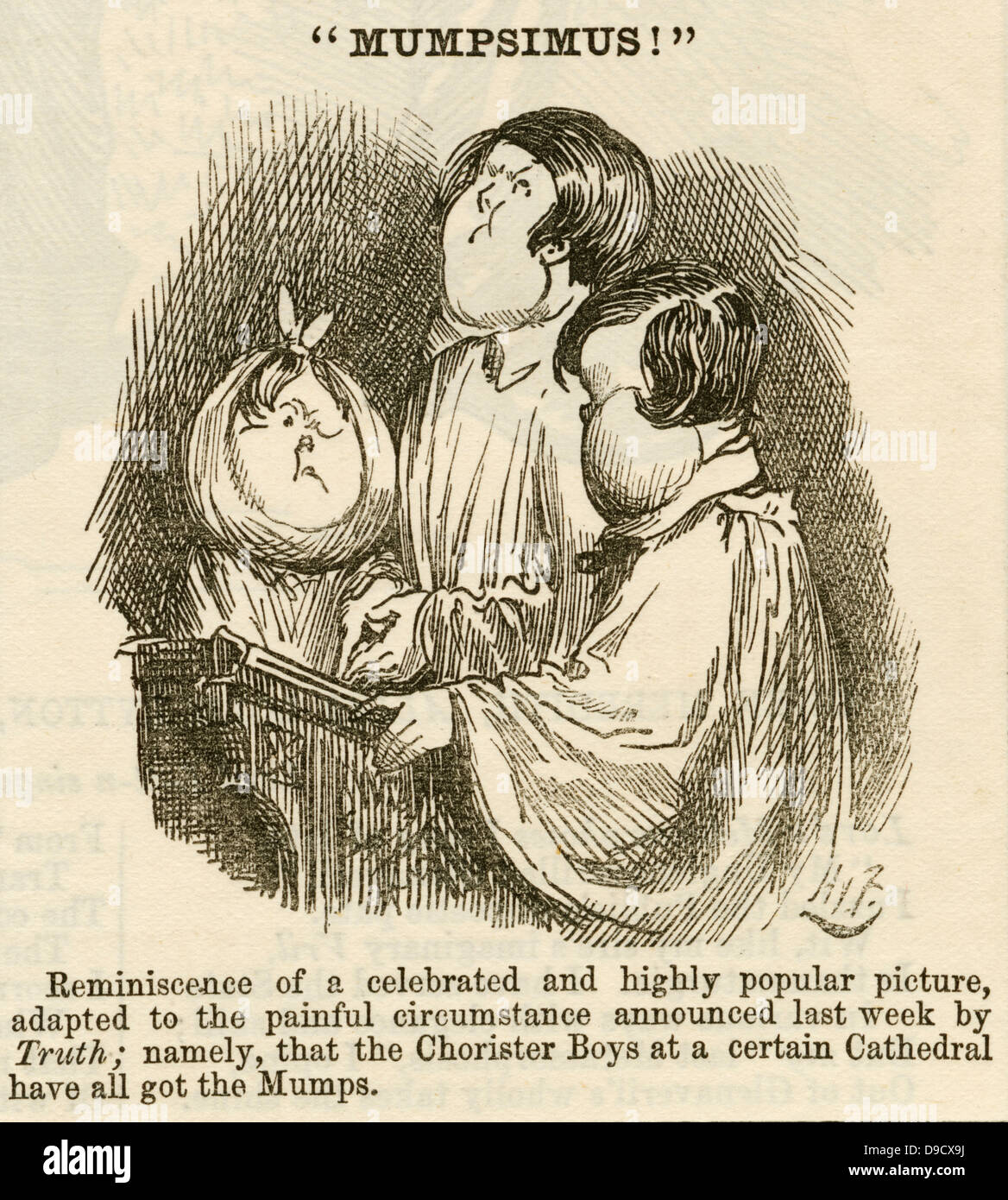 Choirboys with faces swollen by Mumps - Epidemic parotitis, a virus infeaction. Cartoon from Punch, London, c1887. Stock Photo
