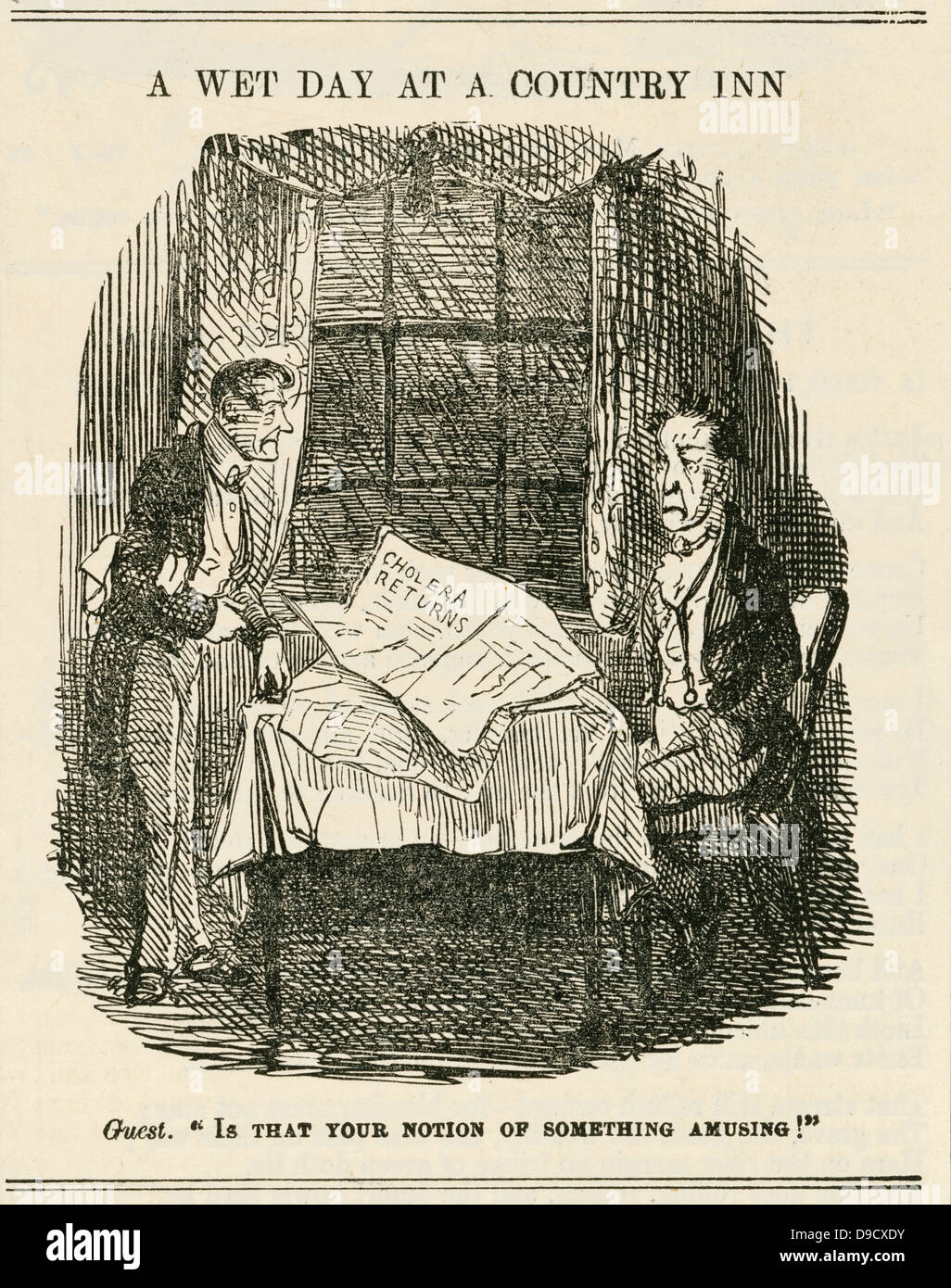 Houseguest is not amused! A wet day in the country made more miserable by news of the return of Cholera to London. Cartoon from Punch, London, 1849. Stock Photo