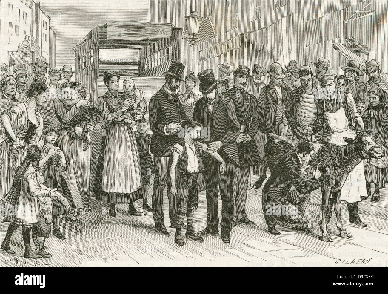 Public vaccination in Paris. Heffer infected with cowpox was taken round in a van. Serum from its side and scratched directly into then arms  or people waiting. From La Nature, Paris, 1893. Stock Photo
