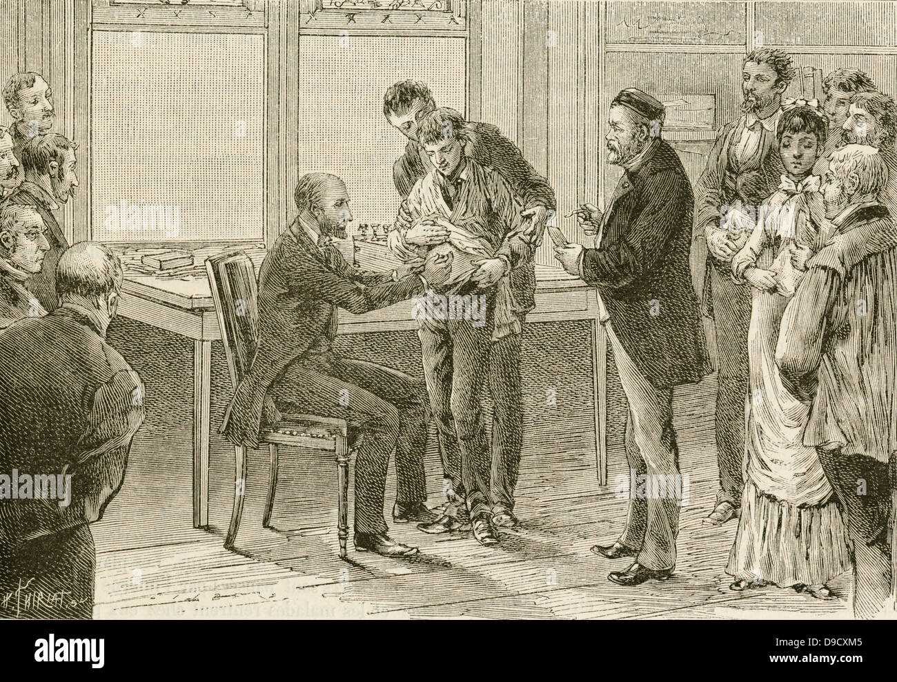 Louis Pasteur (1822-1895) watching as a boy bitten by a rabid dog is inoculated by an injection into the abdomen at the Institut Pasteur, Paris. From La Nature, Paris, 1886.. Stock Photo