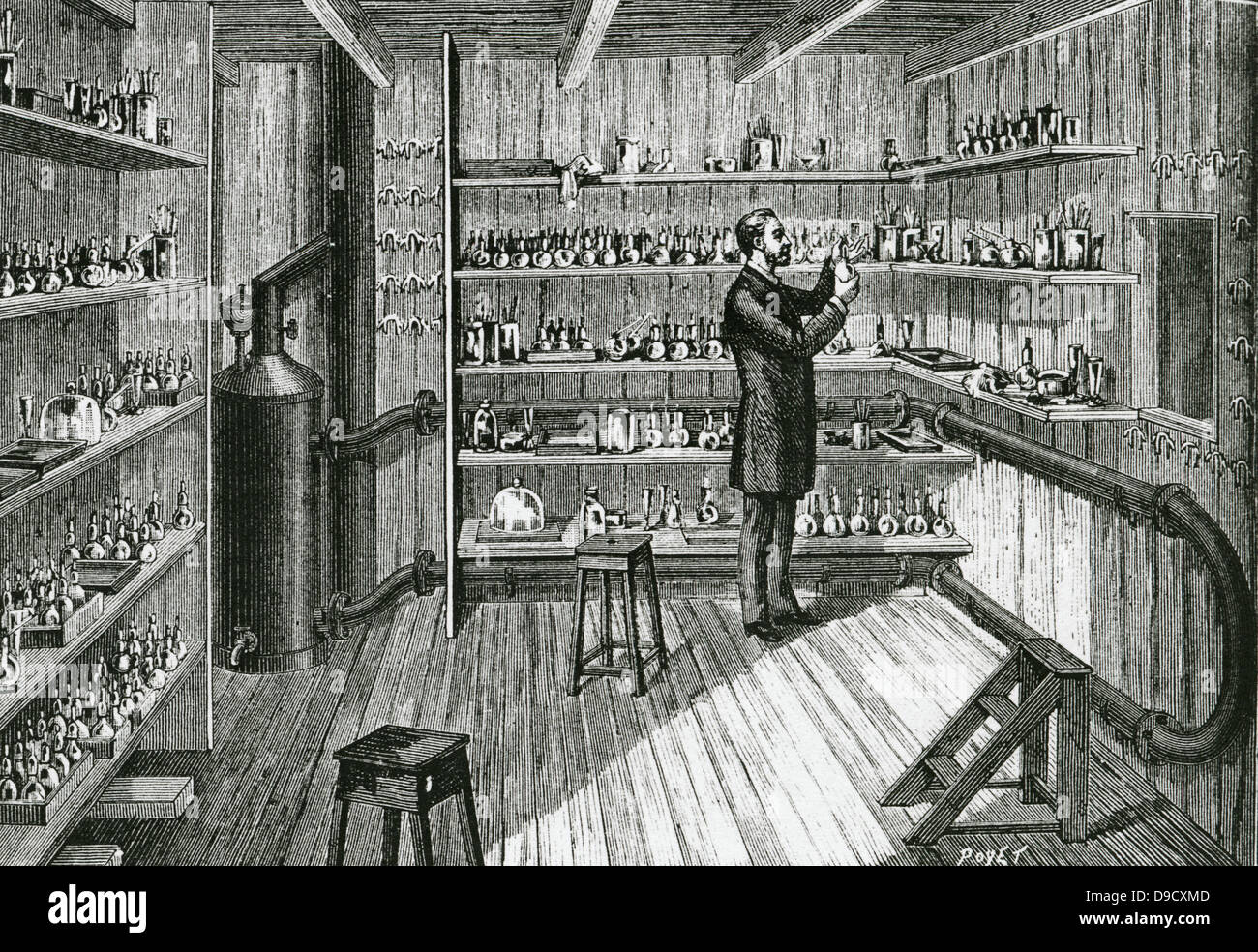 Louis Pasteurs (1822-1895) laboratory at the Ecole Normale, Paris: the room where cultures were kept at a constant temperature during his work on hydrophobia (Rabies).  La Nature, Paris, 1884. Stock Photo
