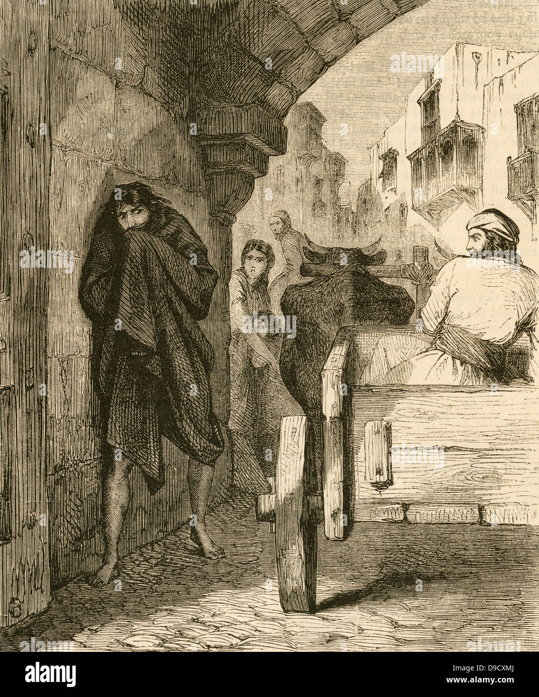 Room for the Leper! Room!  Because of the fear of contracting Leprosy by contact with a sufferer, lepers were considered unclean and isolated in Leper Hospitals. Engraving c1870. Stock Photo